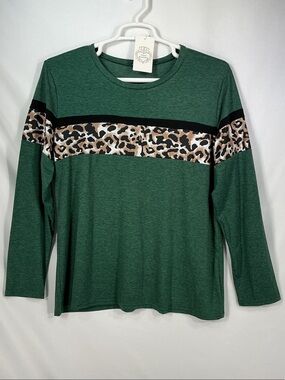 Floral Blooming Women's Green Long Sleeve Tee with Leopard Stripe XXL